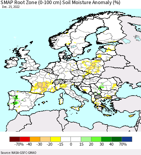 Europe SMAP Root Zone (0-100 cm) Soil Moisture Anomaly (%) Thematic Map For 12/21/2022 - 12/25/2022
