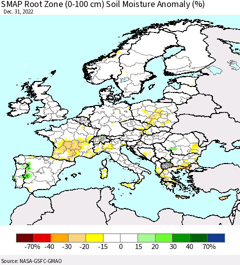 Europe SMAP Root Zone (0-100 cm) Soil Moisture Anomaly (%) Thematic Map For 12/26/2022 - 12/31/2022