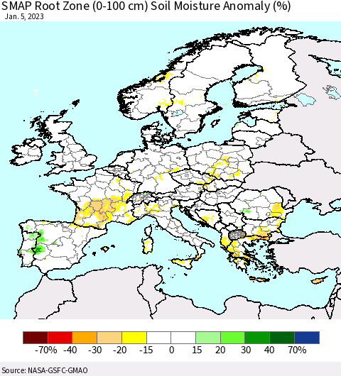 Europe SMAP Root Zone (0-100 cm) Soil Moisture Anomaly (%) Thematic Map For 1/1/2023 - 1/5/2023