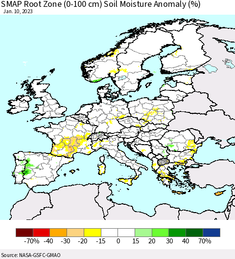 Europe SMAP Root Zone (0-100 cm) Soil Moisture Anomaly (%) Thematic Map For 1/6/2023 - 1/10/2023