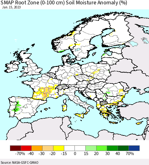 Europe SMAP Root Zone (0-100 cm) Soil Moisture Anomaly (%) Thematic Map For 1/11/2023 - 1/15/2023