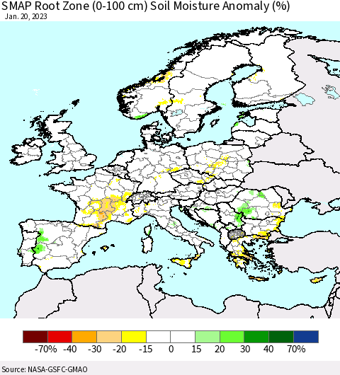 Europe SMAP Root Zone (0-100 cm) Soil Moisture Anomaly (%) Thematic Map For 1/16/2023 - 1/20/2023