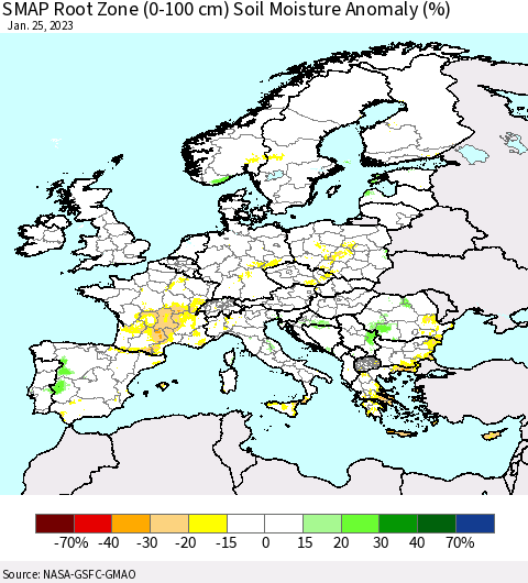 Europe SMAP Root Zone (0-100 cm) Soil Moisture Anomaly (%) Thematic Map For 1/21/2023 - 1/25/2023