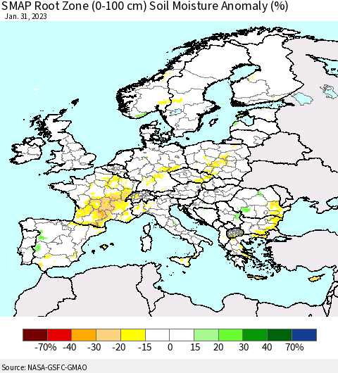Europe SMAP Root Zone (0-100 cm) Soil Moisture Anomaly (%) Thematic Map For 1/26/2023 - 1/31/2023