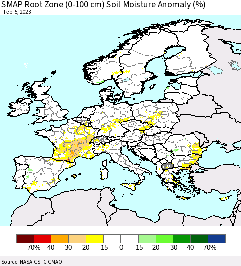 Europe SMAP Root Zone (0-100 cm) Soil Moisture Anomaly (%) Thematic Map For 2/1/2023 - 2/5/2023