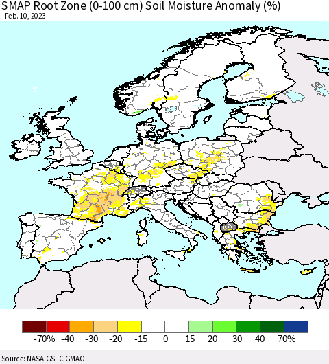 Europe SMAP Root Zone (0-100 cm) Soil Moisture Anomaly (%) Thematic Map For 2/6/2023 - 2/10/2023