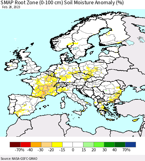 Europe SMAP Root Zone (0-100 cm) Soil Moisture Anomaly (%) Thematic Map For 2/26/2023 - 2/28/2023