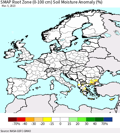 Europe SMAP Root Zone (0-100 cm) Soil Moisture Anomaly (%) Thematic Map For 3/1/2023 - 3/5/2023