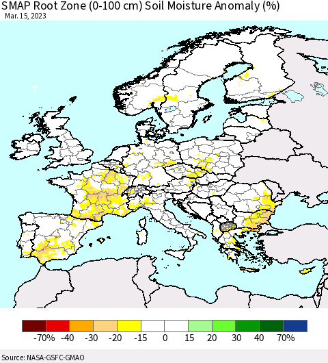 Europe SMAP Root Zone (0-100 cm) Soil Moisture Anomaly (%) Thematic Map For 3/11/2023 - 3/15/2023