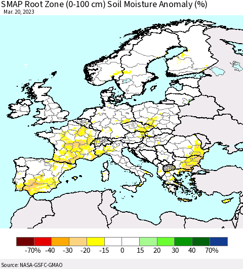 Europe SMAP Root Zone (0-100 cm) Soil Moisture Anomaly (%) Thematic Map For 3/16/2023 - 3/20/2023