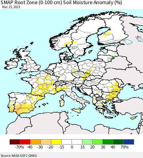Europe SMAP Root Zone (0-100 cm) Soil Moisture Anomaly (%) Thematic Map For 3/21/2023 - 3/25/2023