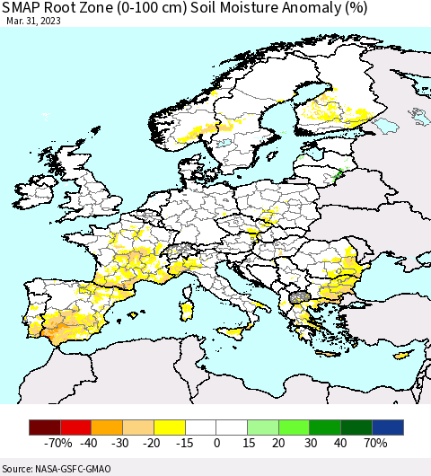 Europe SMAP Root Zone (0-100 cm) Soil Moisture Anomaly (%) Thematic Map For 3/26/2023 - 3/31/2023