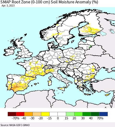 Europe SMAP Root Zone (0-100 cm) Soil Moisture Anomaly (%) Thematic Map For 4/1/2023 - 4/5/2023