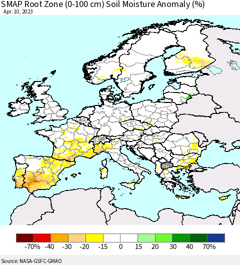 Europe SMAP Root Zone (0-100 cm) Soil Moisture Anomaly (%) Thematic Map For 4/6/2023 - 4/10/2023