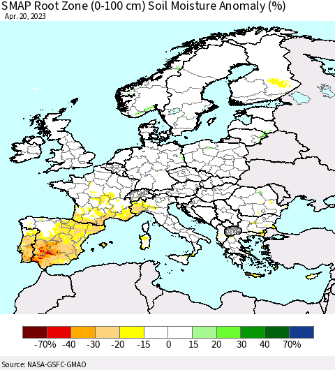 Europe SMAP Root Zone (0-100 cm) Soil Moisture Anomaly (%) Thematic Map For 4/16/2023 - 4/20/2023