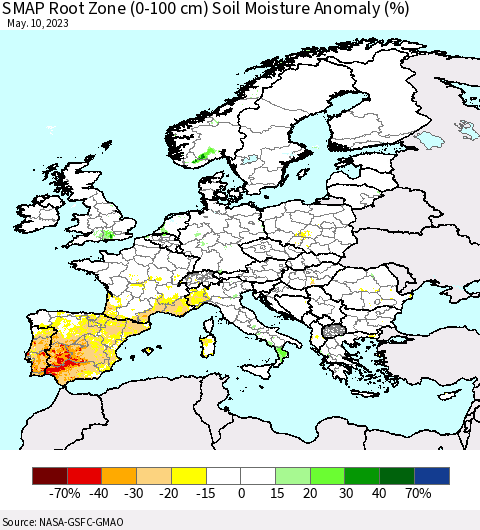 Europe SMAP Root Zone (0-100 cm) Soil Moisture Anomaly (%) Thematic Map For 5/6/2023 - 5/10/2023