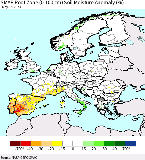 Europe SMAP Root Zone (0-100 cm) Soil Moisture Anomaly (%) Thematic Map For 5/11/2023 - 5/15/2023