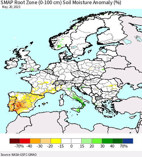 Europe SMAP Root Zone (0-100 cm) Soil Moisture Anomaly (%) Thematic Map For 5/16/2023 - 5/20/2023