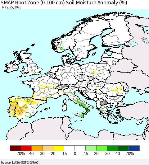 Europe SMAP Root Zone (0-100 cm) Soil Moisture Anomaly (%) Thematic Map For 5/21/2023 - 5/25/2023