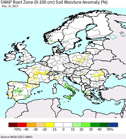 Europe SMAP Root Zone (0-100 cm) Soil Moisture Anomaly (%) Thematic Map For 5/26/2023 - 5/31/2023