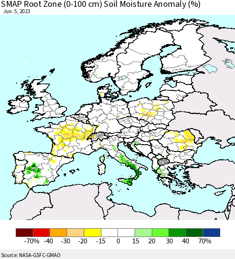 Europe SMAP Root Zone (0-100 cm) Soil Moisture Anomaly (%) Thematic Map For 6/1/2023 - 6/5/2023