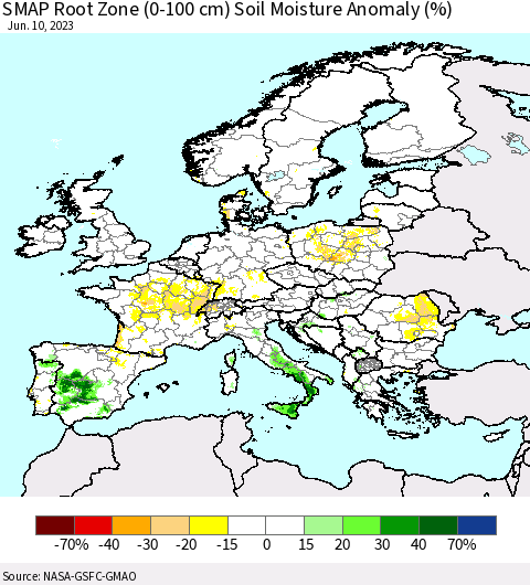 Europe SMAP Root Zone (0-100 cm) Soil Moisture Anomaly (%) Thematic Map For 6/6/2023 - 6/10/2023