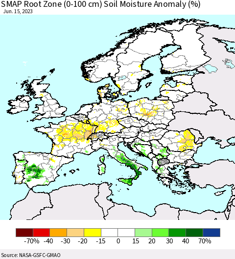 Europe SMAP Root Zone (0-100 cm) Soil Moisture Anomaly (%) Thematic Map For 6/11/2023 - 6/15/2023