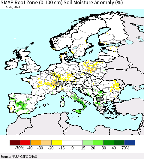 Europe SMAP Root Zone (0-100 cm) Soil Moisture Anomaly (%) Thematic Map For 6/16/2023 - 6/20/2023