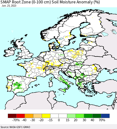 Europe SMAP Root Zone (0-100 cm) Soil Moisture Anomaly (%) Thematic Map For 6/21/2023 - 6/25/2023