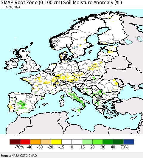 Europe SMAP Root Zone (0-100 cm) Soil Moisture Anomaly (%) Thematic Map For 6/26/2023 - 6/30/2023