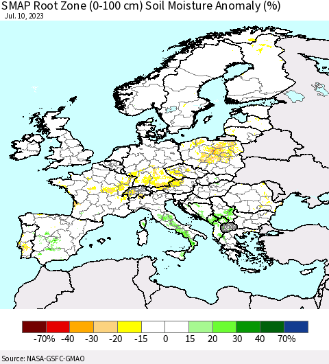 Europe SMAP Root Zone (0-100 cm) Soil Moisture Anomaly (%) Thematic Map For 7/6/2023 - 7/10/2023
