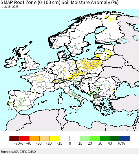 Europe SMAP Root Zone (0-100 cm) Soil Moisture Anomaly (%) Thematic Map For 7/11/2023 - 7/15/2023