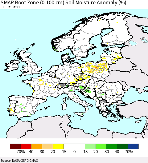 Europe SMAP Root Zone (0-100 cm) Soil Moisture Anomaly (%) Thematic Map For 7/16/2023 - 7/20/2023