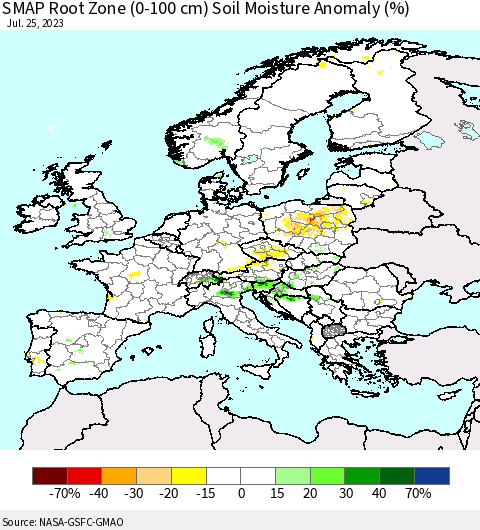 Europe SMAP Root Zone (0-100 cm) Soil Moisture Anomaly (%) Thematic Map For 7/21/2023 - 7/25/2023