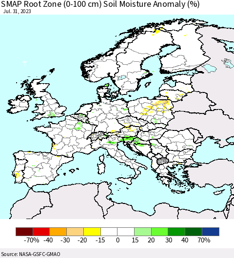 Europe SMAP Root Zone (0-100 cm) Soil Moisture Anomaly (%) Thematic Map For 7/26/2023 - 7/31/2023