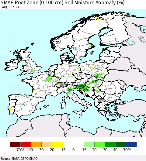 Europe SMAP Root Zone (0-100 cm) Soil Moisture Anomaly (%) Thematic Map For 8/1/2023 - 8/5/2023