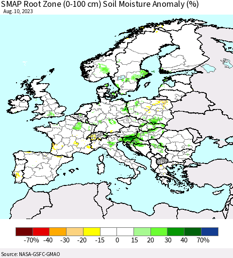 Europe SMAP Root Zone (0-100 cm) Soil Moisture Anomaly (%) Thematic Map For 8/6/2023 - 8/10/2023