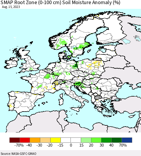 Europe SMAP Root Zone (0-100 cm) Soil Moisture Anomaly (%) Thematic Map For 8/11/2023 - 8/15/2023
