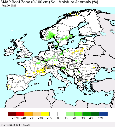 Europe SMAP Root Zone (0-100 cm) Soil Moisture Anomaly (%) Thematic Map For 8/16/2023 - 8/20/2023