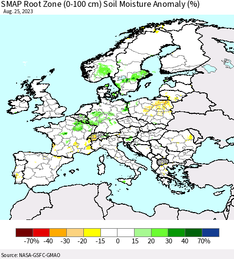 Europe SMAP Root Zone (0-100 cm) Soil Moisture Anomaly (%) Thematic Map For 8/21/2023 - 8/25/2023