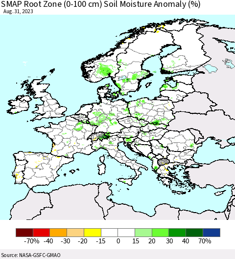 Europe SMAP Root Zone (0-100 cm) Soil Moisture Anomaly (%) Thematic Map For 8/26/2023 - 8/31/2023