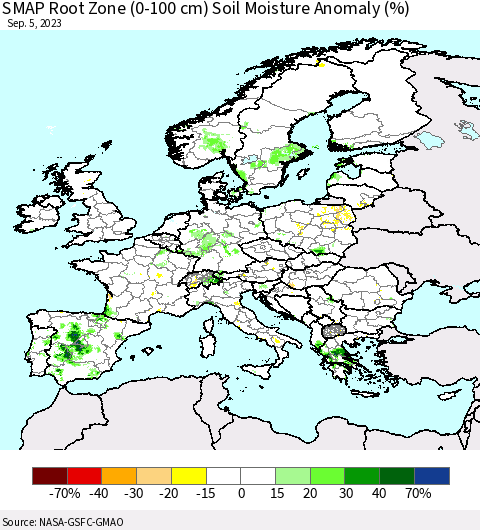 Europe SMAP Root Zone (0-100 cm) Soil Moisture Anomaly (%) Thematic Map For 9/1/2023 - 9/5/2023