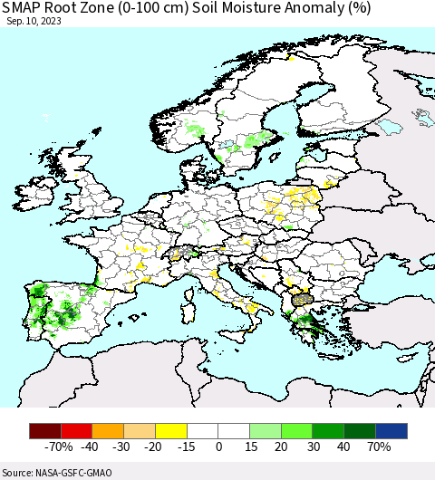 Europe SMAP Root Zone (0-100 cm) Soil Moisture Anomaly (%) Thematic Map For 9/6/2023 - 9/10/2023
