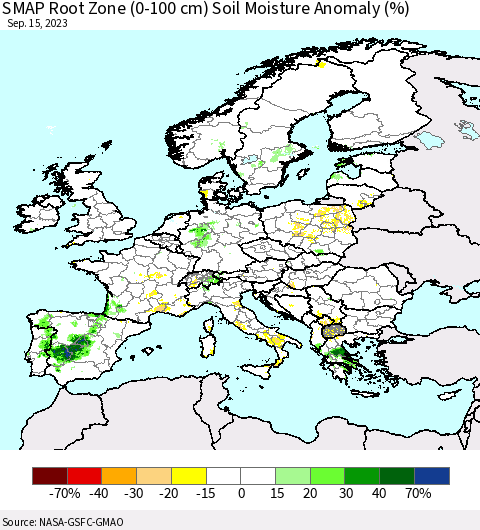 Europe SMAP Root Zone (0-100 cm) Soil Moisture Anomaly (%) Thematic Map For 9/11/2023 - 9/15/2023