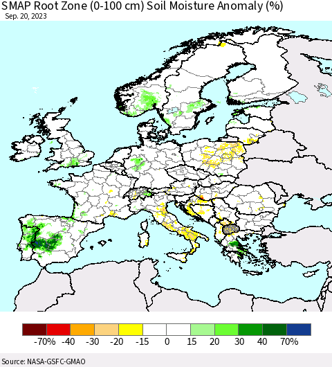 Europe SMAP Root Zone (0-100 cm) Soil Moisture Anomaly (%) Thematic Map For 9/16/2023 - 9/20/2023