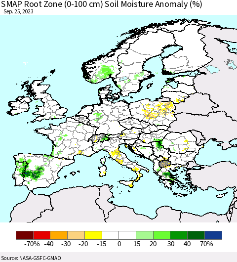 Europe SMAP Root Zone (0-100 cm) Soil Moisture Anomaly (%) Thematic Map For 9/21/2023 - 9/25/2023
