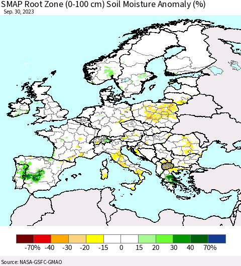 Europe SMAP Root Zone (0-100 cm) Soil Moisture Anomaly (%) Thematic Map For 9/26/2023 - 9/30/2023