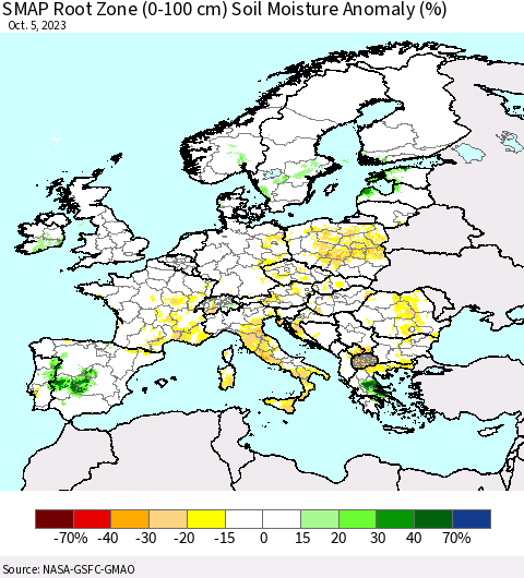 Europe SMAP Root Zone (0-100 cm) Soil Moisture Anomaly (%) Thematic Map For 10/1/2023 - 10/5/2023