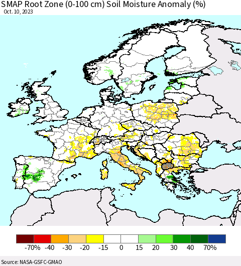 Europe SMAP Root Zone (0-100 cm) Soil Moisture Anomaly (%) Thematic Map For 10/6/2023 - 10/10/2023
