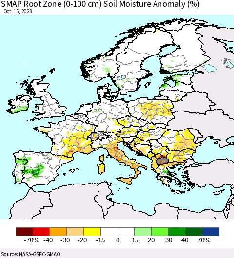 Europe SMAP Root Zone (0-100 cm) Soil Moisture Anomaly (%) Thematic Map For 10/11/2023 - 10/15/2023